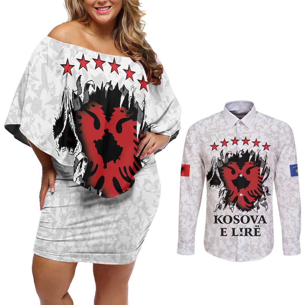 Personalized Kosova E Lire Couples Matching Off Shoulder Short Dress and Long Sleeve Button Shirt Kosova Albanian Flag - Wonder Print Shop