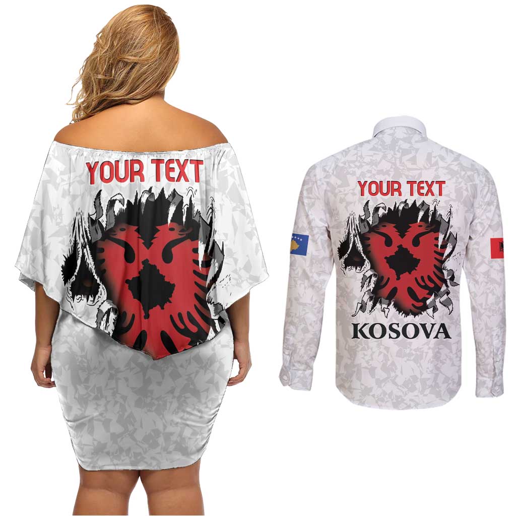 Personalized Kosova E Lire Couples Matching Off Shoulder Short Dress and Long Sleeve Button Shirt Kosova Albanian Flag - Wonder Print Shop