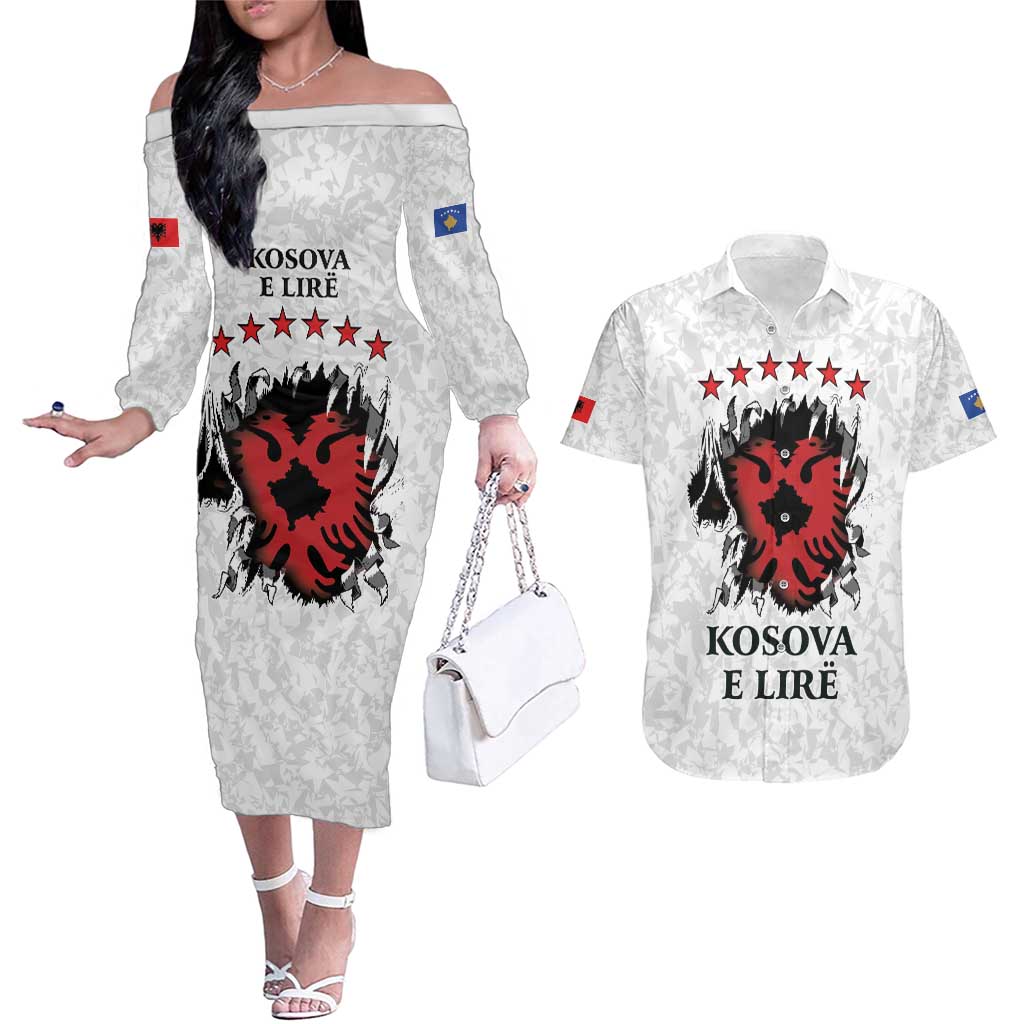 Personalized Kosova E Lire Couples Matching Off The Shoulder Long Sleeve Dress and Hawaiian Shirt Kosova Albanian Flag - Wonder Print Shop