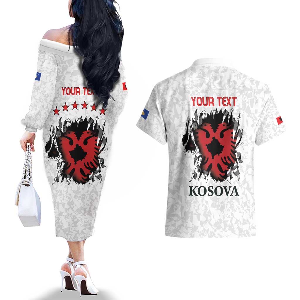Personalized Kosova E Lire Couples Matching Off The Shoulder Long Sleeve Dress and Hawaiian Shirt Kosova Albanian Flag - Wonder Print Shop