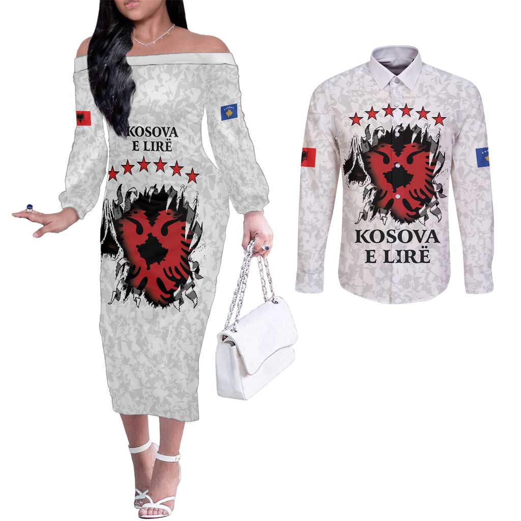 Personalized Kosova E Lire Couples Matching Off The Shoulder Long Sleeve Dress and Long Sleeve Button Shirt Kosova Albanian Flag - Wonder Print Shop