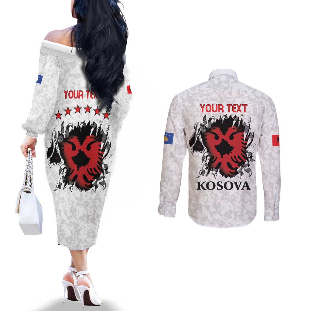 Personalized Kosova E Lire Couples Matching Off The Shoulder Long Sleeve Dress and Long Sleeve Button Shirt Kosova Albanian Flag - Wonder Print Shop