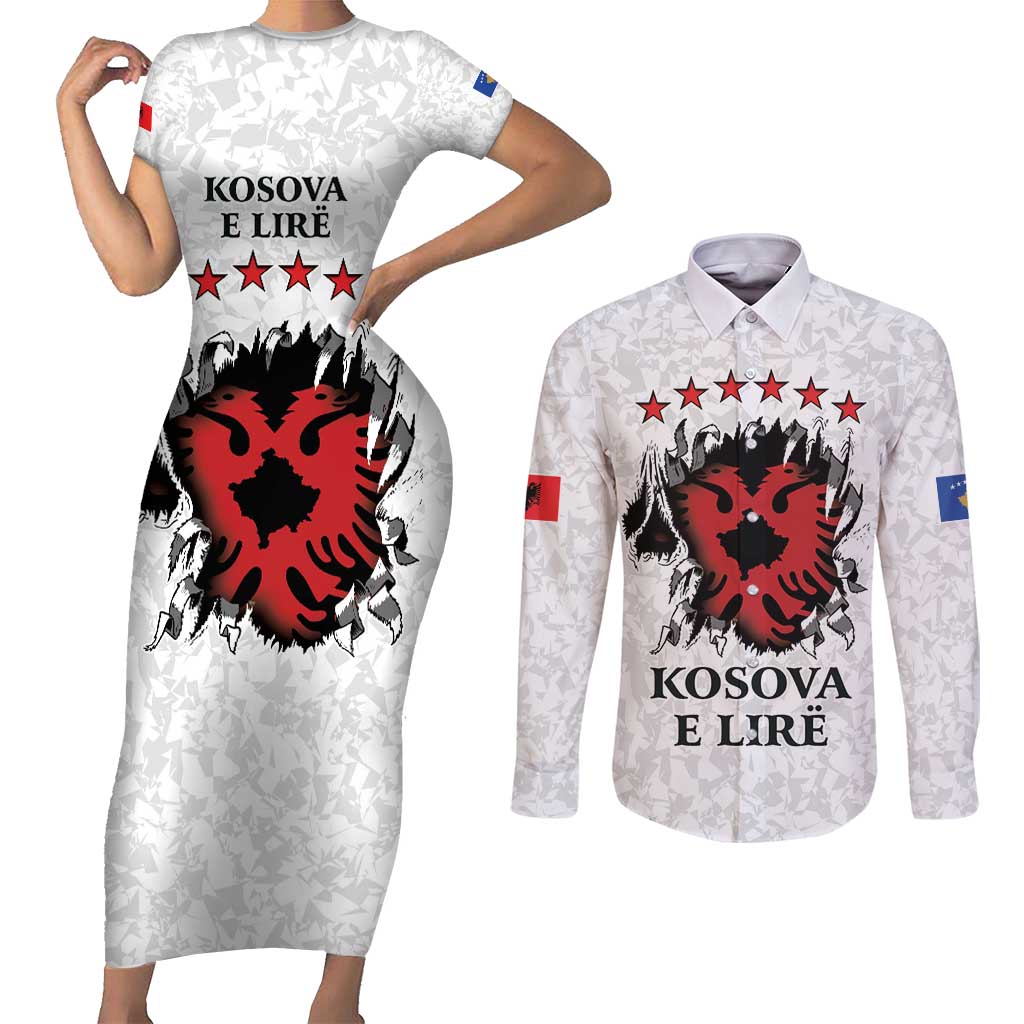 Personalized Kosova E Lire Couples Matching Short Sleeve Bodycon Dress and Long Sleeve Button Shirt Kosova Albanian Flag - Wonder Print Shop