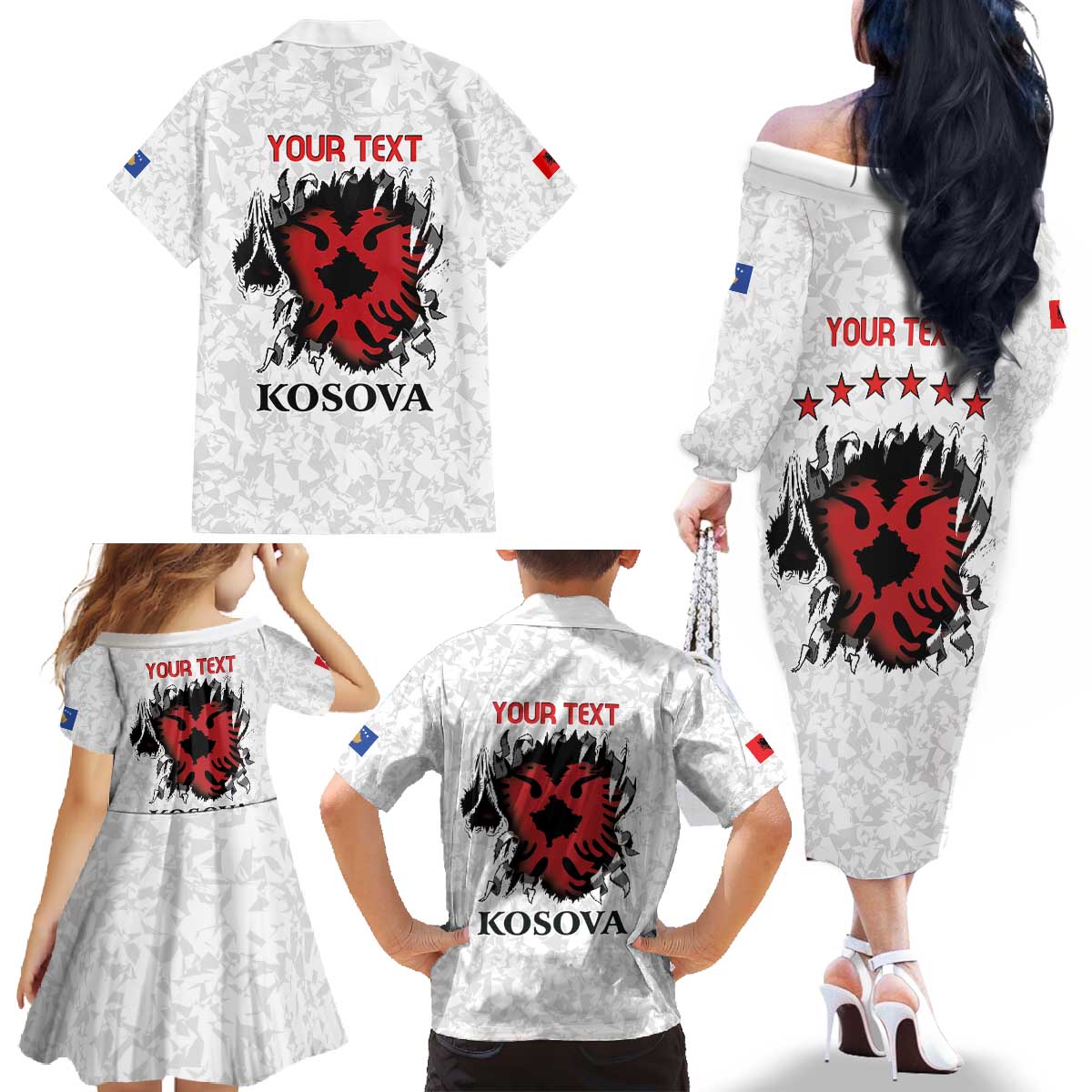 Personalized Kosova E Lire Family Matching Off The Shoulder Long Sleeve Dress and Hawaiian Shirt Kosova Albanian Flag - Wonder Print Shop