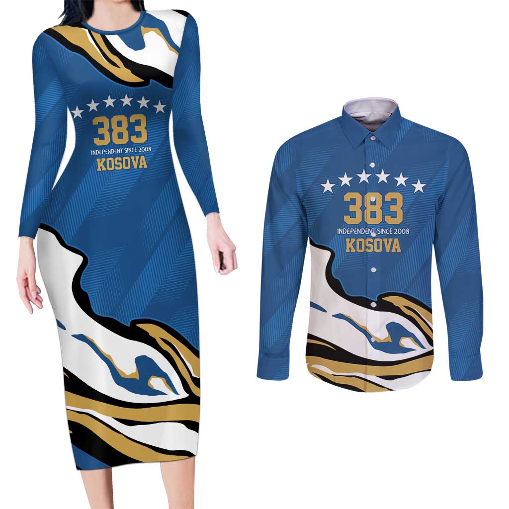 Personalized Kosova Nje Komb Nje Gjak Couples Matching Long Sleeve Bodycon Dress and Long Sleeve Button Shirt Kosova 383 Independent Sice 2008 - Wonder Print Shop