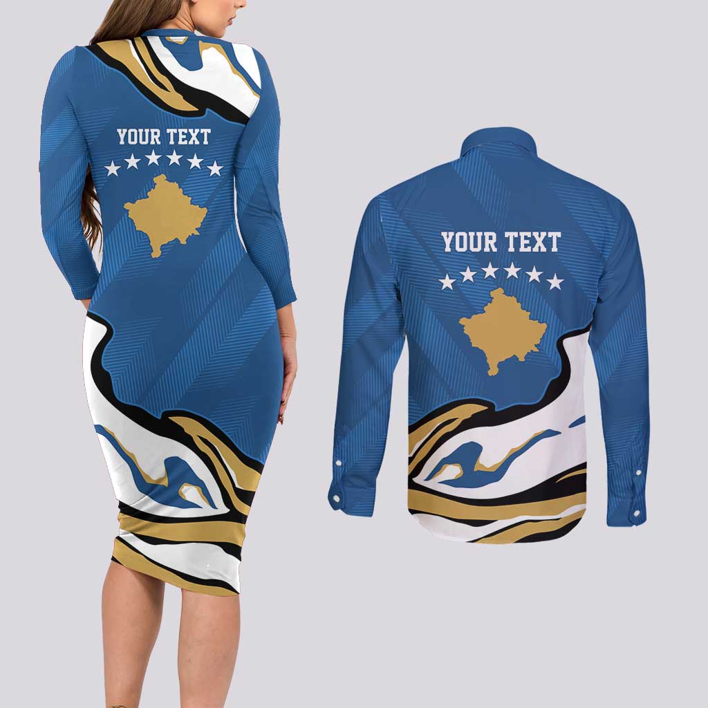 Personalized Kosova Nje Komb Nje Gjak Couples Matching Long Sleeve Bodycon Dress and Long Sleeve Button Shirt Kosova 383 Independent Sice 2008 - Wonder Print Shop