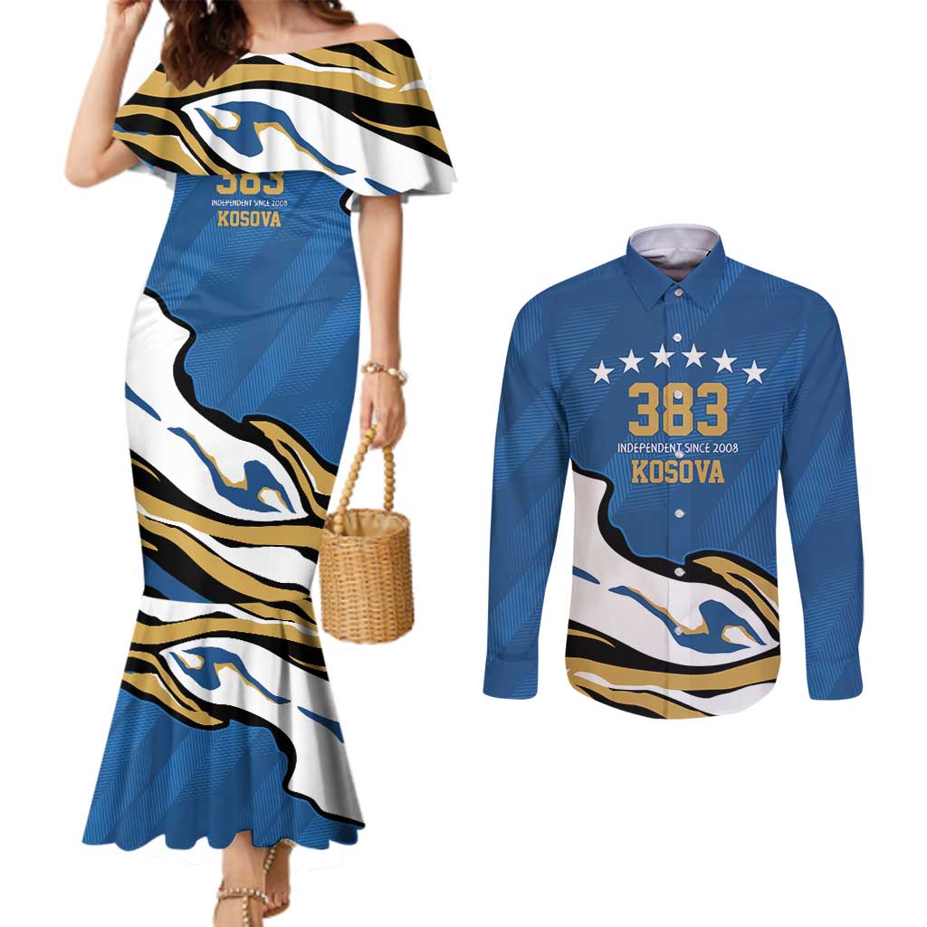 Personalized Kosova Nje Komb Nje Gjak Couples Matching Mermaid Dress and Long Sleeve Button Shirt Kosova 383 Independent Sice 2008 - Wonder Print Shop