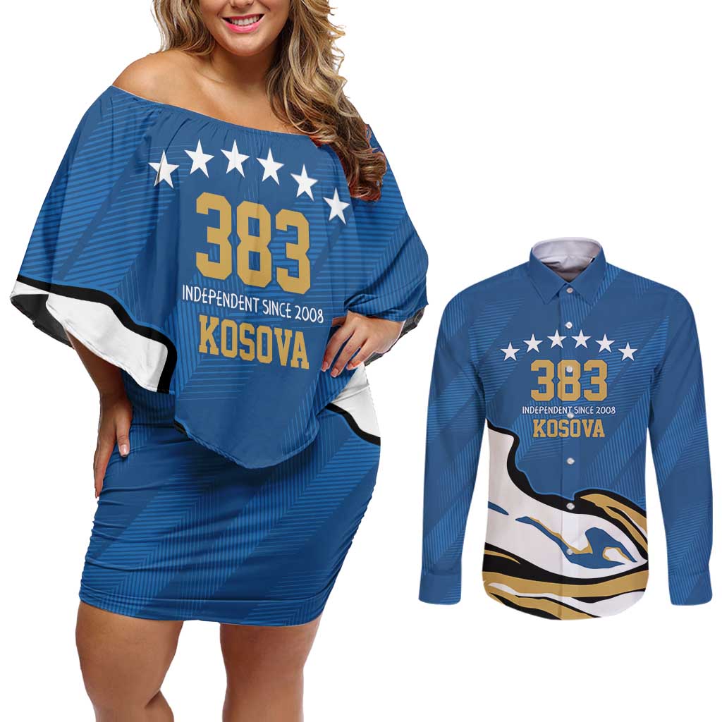 Personalized Kosova Nje Komb Nje Gjak Couples Matching Off Shoulder Short Dress and Long Sleeve Button Shirt Kosova 383 Independent Sice 2008 - Wonder Print Shop