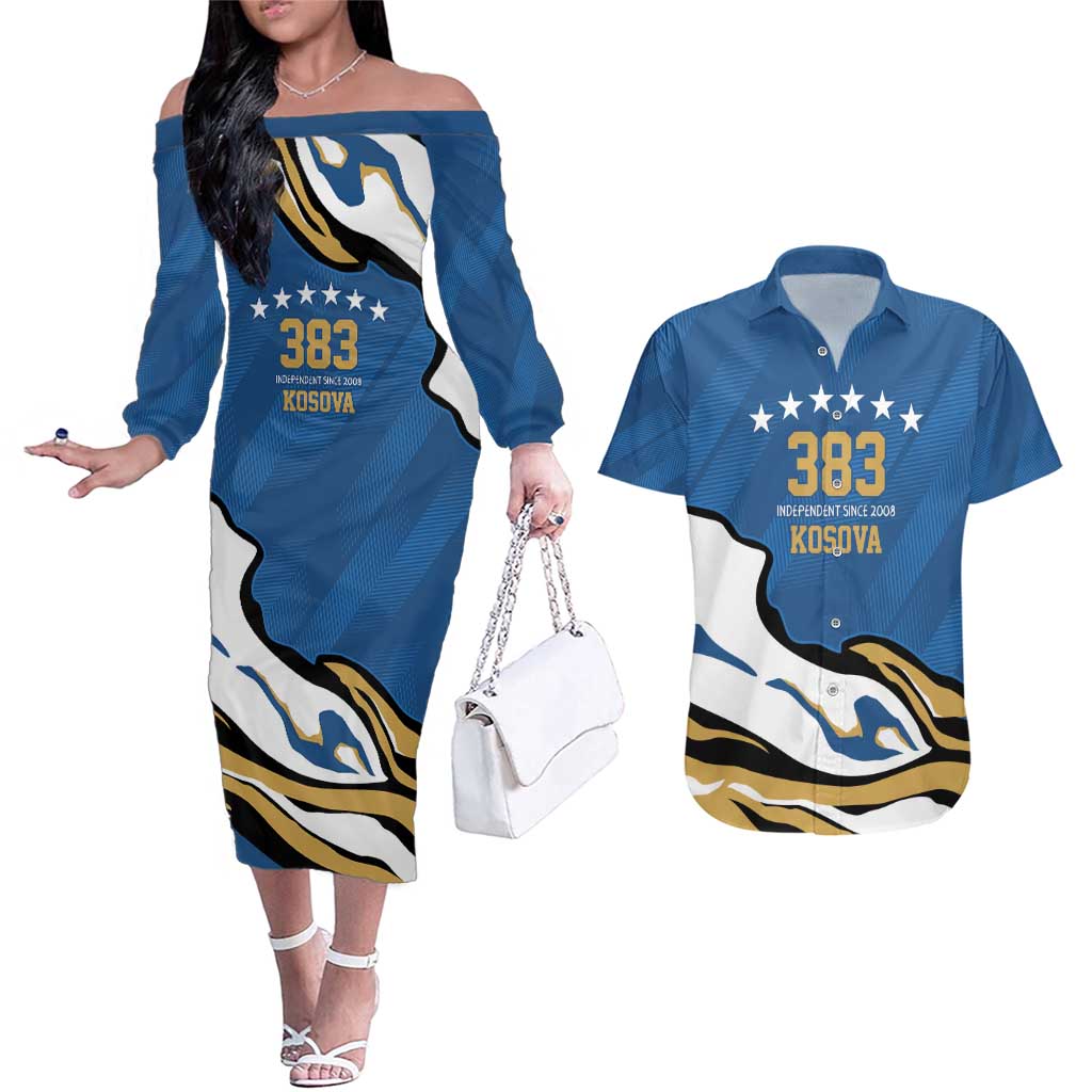 Personalized Kosova Nje Komb Nje Gjak Couples Matching Off The Shoulder Long Sleeve Dress and Hawaiian Shirt Kosova 383 Independent Sice 2008 - Wonder Print Shop