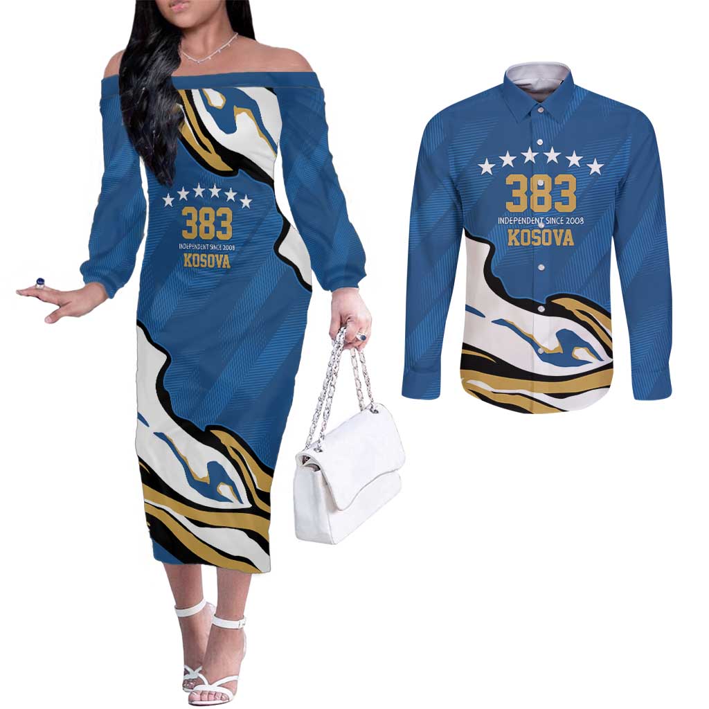 Personalized Kosova Nje Komb Nje Gjak Couples Matching Off The Shoulder Long Sleeve Dress and Long Sleeve Button Shirt Kosova 383 Independent Sice 2008 - Wonder Print Shop
