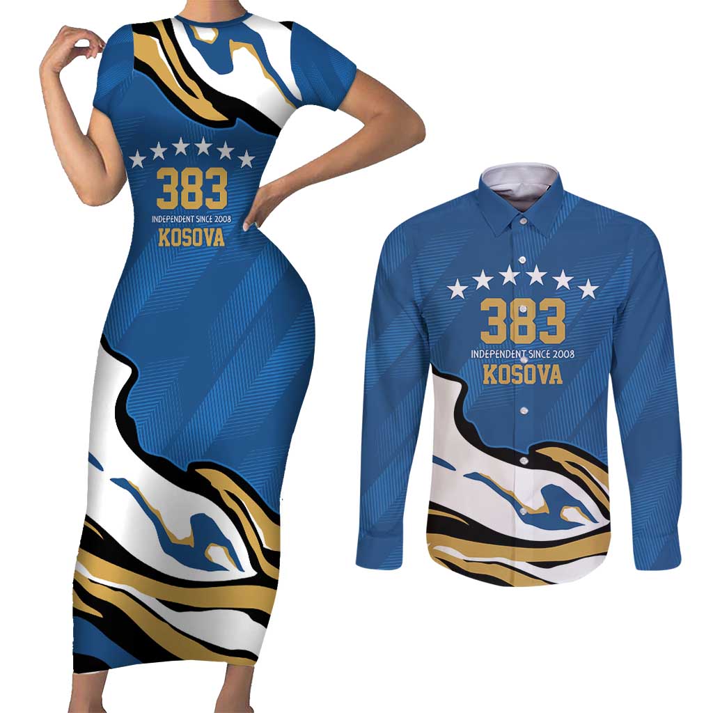 Personalized Kosova Nje Komb Nje Gjak Couples Matching Short Sleeve Bodycon Dress and Long Sleeve Button Shirt Kosova 383 Independent Sice 2008 - Wonder Print Shop