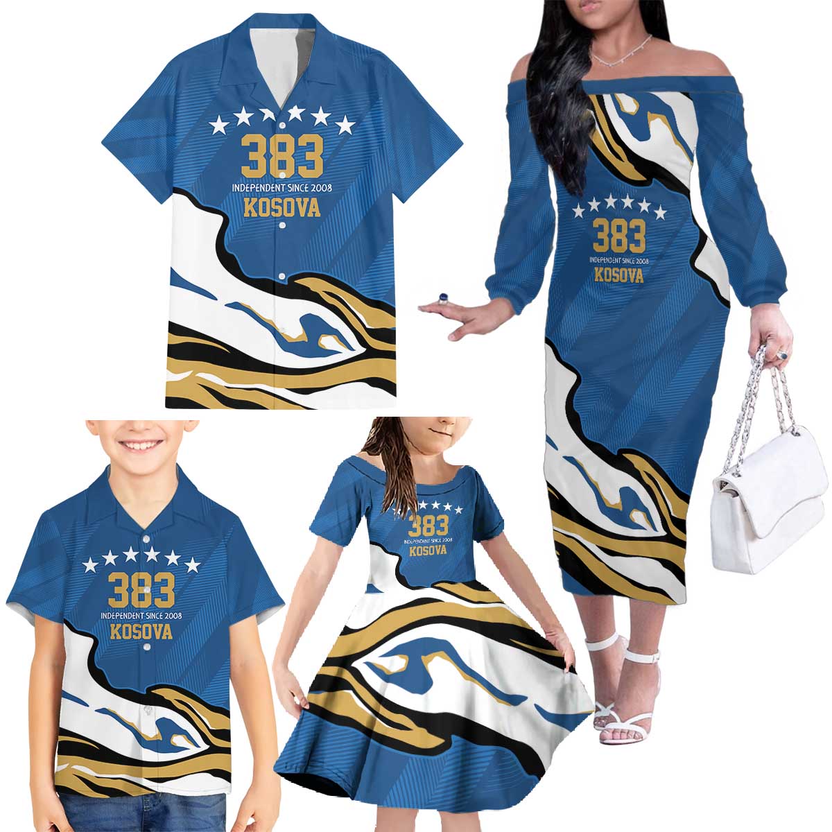 Personalized Kosova Nje Komb Nje Gjak Family Matching Off The Shoulder Long Sleeve Dress and Hawaiian Shirt Kosova 383 Independent Sice 2008 - Wonder Print Shop