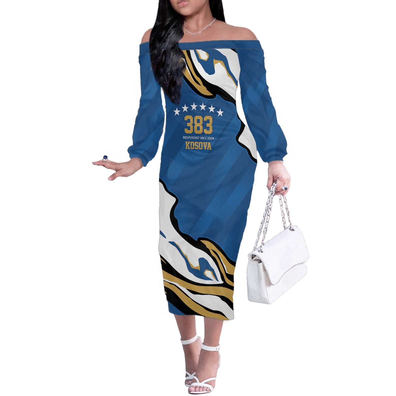 Personalized Kosova Nje Komb Nje Gjak Off The Shoulder Long Sleeve Dress Kosova 383 Independent Sice 2008 - Wonder Print Shop