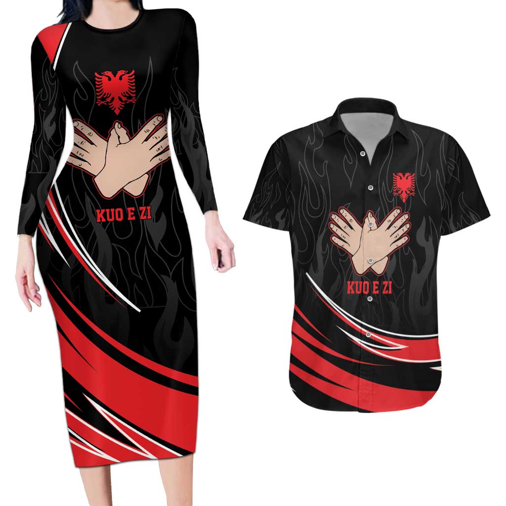 Personalized Shqipe Albania Nation Flag Couples Matching Long Sleeve Bodycon Dress and Hawaiian Shirt Kuq E Zi Tiranaproud Albanian - Wonder Print Shop