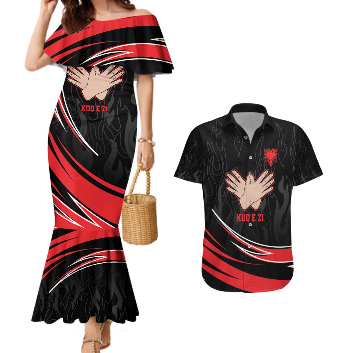 Personalized Shqipe Albania Nation Flag Couples Matching Mermaid Dress and Hawaiian Shirt Kuq E Zi Tiranaproud Albanian - Wonder Print Shop