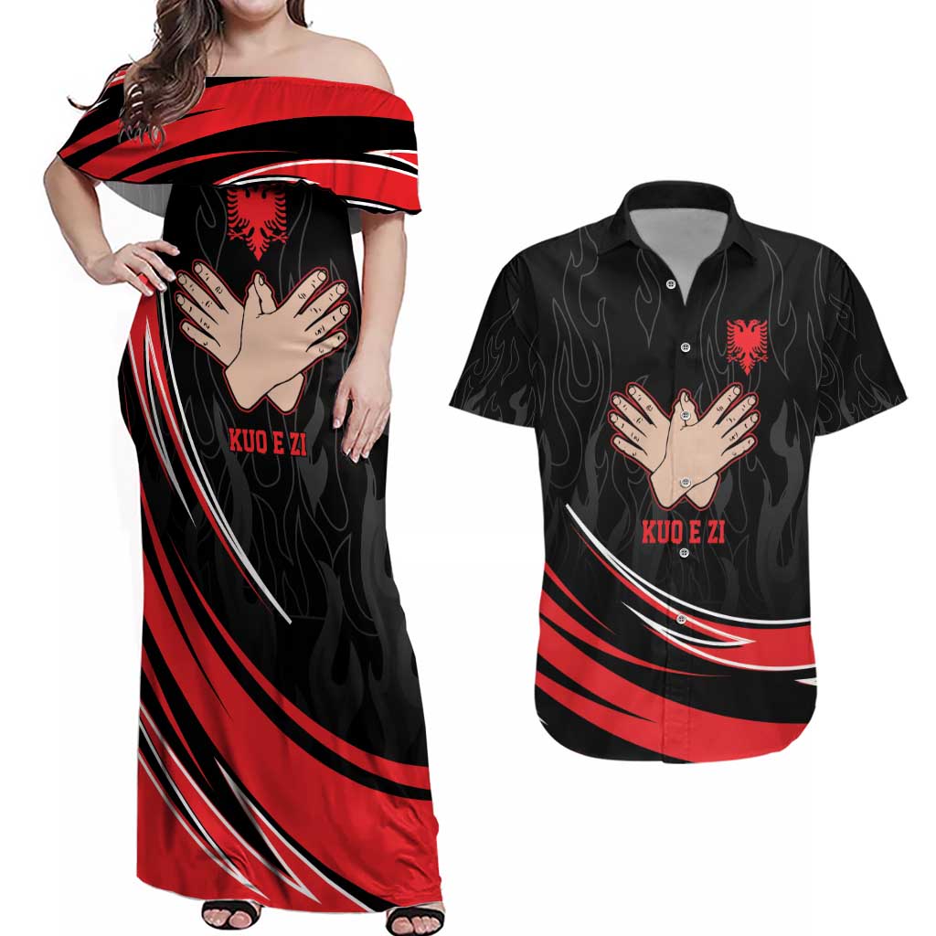 Personalized Shqipe Albania Nation Flag Couples Matching Off Shoulder Maxi Dress and Hawaiian Shirt Kuq E Zi Tiranaproud Albanian - Wonder Print Shop