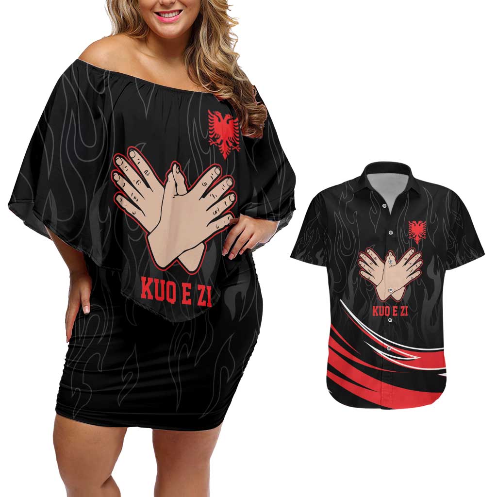 Personalized Shqipe Albania Nation Flag Couples Matching Off Shoulder Short Dress and Hawaiian Shirt Kuq E Zi Tiranaproud Albanian - Wonder Print Shop