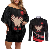 Personalized Shqipe Albania Nation Flag Couples Matching Off Shoulder Short Dress and Long Sleeve Button Shirt Kuq E Zi Tiranaproud Albanian - Wonder Print Shop