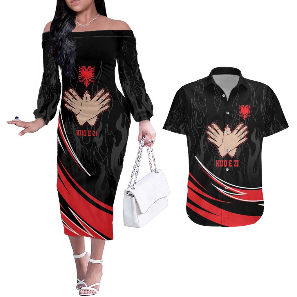 Personalized Shqipe Albania Nation Flag Couples Matching Off The Shoulder Long Sleeve Dress and Hawaiian Shirt Kuq E Zi Tiranaproud Albanian - Wonder Print Shop