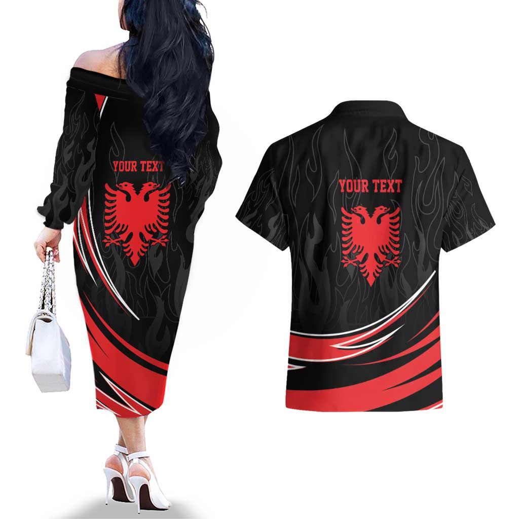 Personalized Shqipe Albania Nation Flag Couples Matching Off The Shoulder Long Sleeve Dress and Hawaiian Shirt Kuq E Zi Tiranaproud Albanian - Wonder Print Shop
