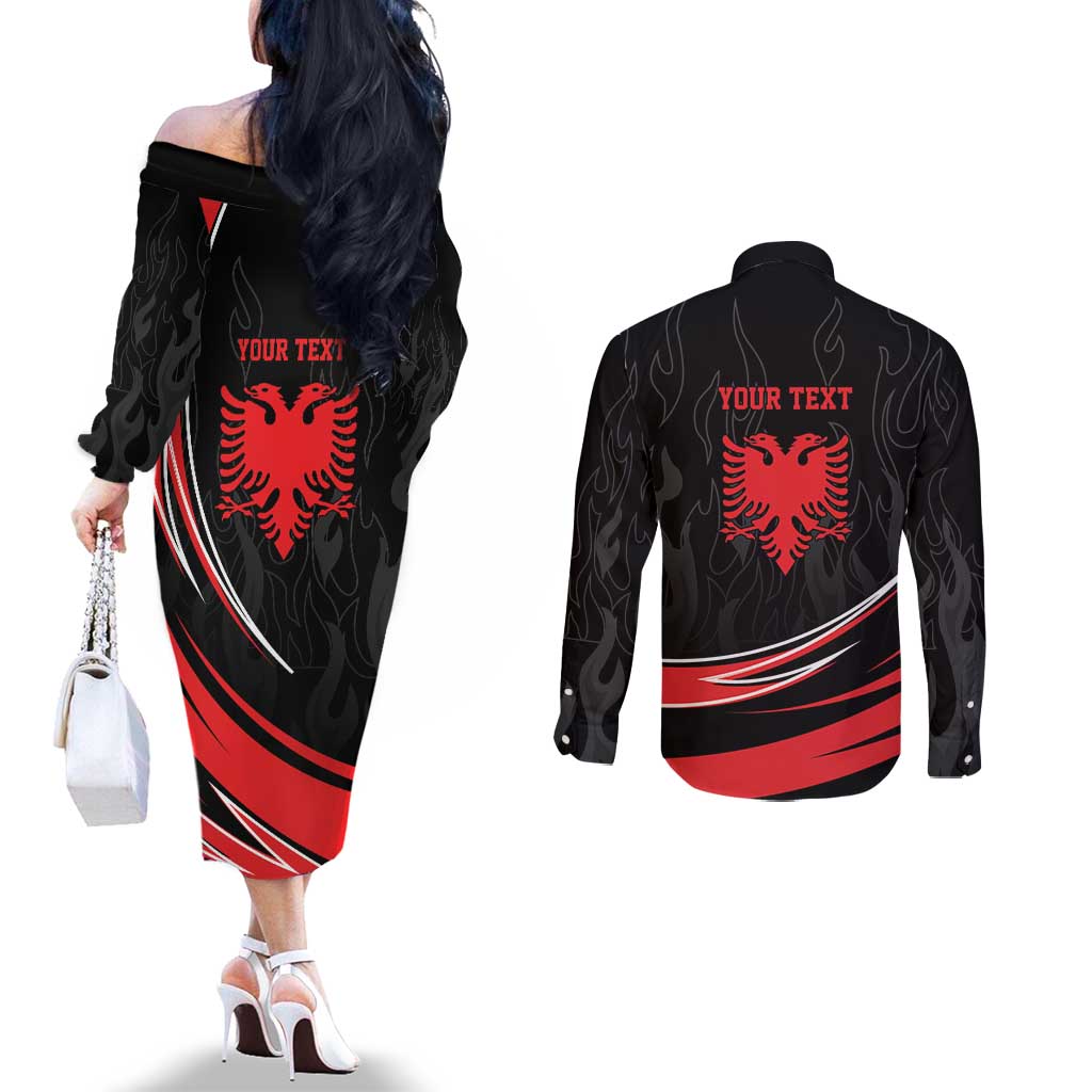 Personalized Shqipe Albania Nation Flag Couples Matching Off The Shoulder Long Sleeve Dress and Long Sleeve Button Shirt Kuq E Zi Tiranaproud Albanian - Wonder Print Shop