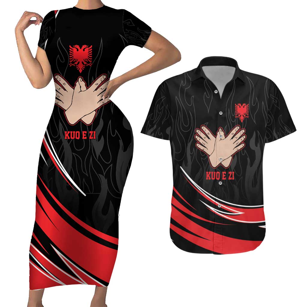 Personalized Shqipe Albania Nation Flag Couples Matching Short Sleeve Bodycon Dress and Hawaiian Shirt Kuq E Zi Tiranaproud Albanian - Wonder Print Shop