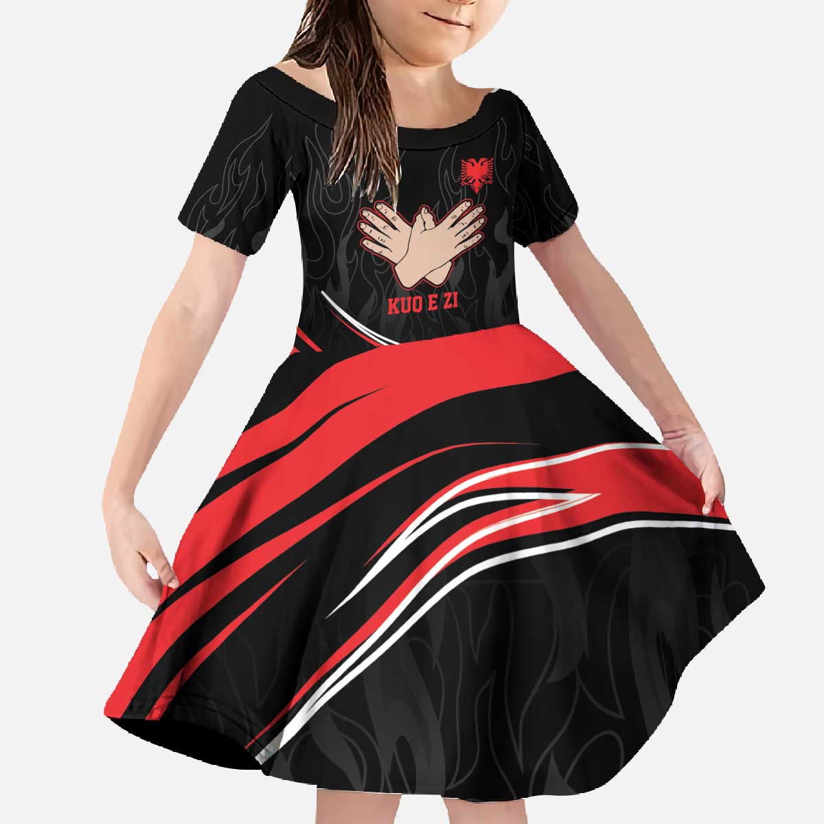 Personalized Shqipe Albania Nation Flag Family Matching Off The Shoulder Long Sleeve Dress and Hawaiian Shirt Kuq E Zi Tiranaproud Albanian - Wonder Print Shop