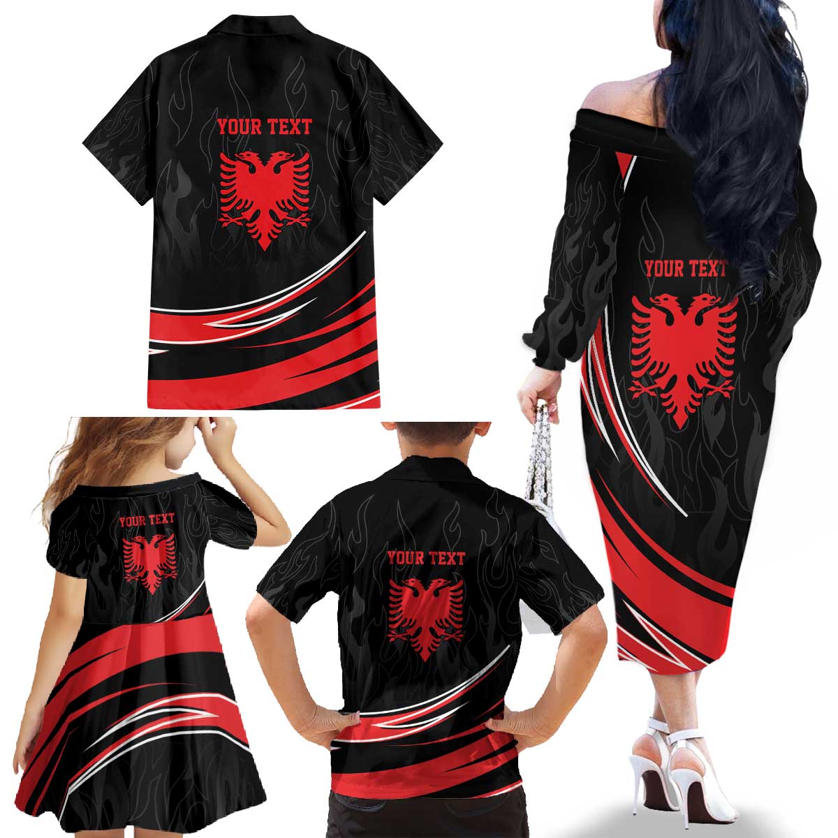 Personalized Shqipe Albania Nation Flag Family Matching Off The Shoulder Long Sleeve Dress and Hawaiian Shirt Kuq E Zi Tiranaproud Albanian - Wonder Print Shop