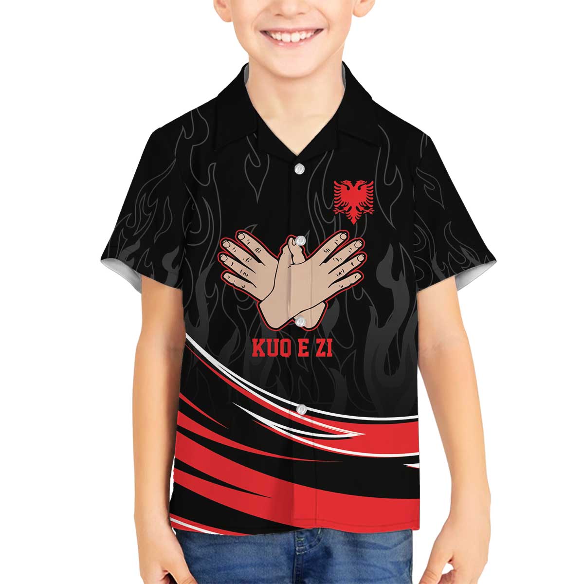 Personalized Shqipe Albania Nation Flag Family Matching Off The Shoulder Long Sleeve Dress and Hawaiian Shirt Kuq E Zi Tiranaproud Albanian - Wonder Print Shop