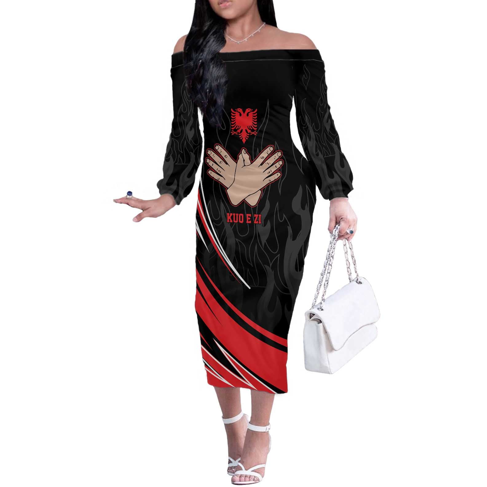 Personalized Shqipe Albania Nation Flag Off The Shoulder Long Sleeve Dress Kuq E Zi Tiranaproud Albanian - Wonder Print Shop