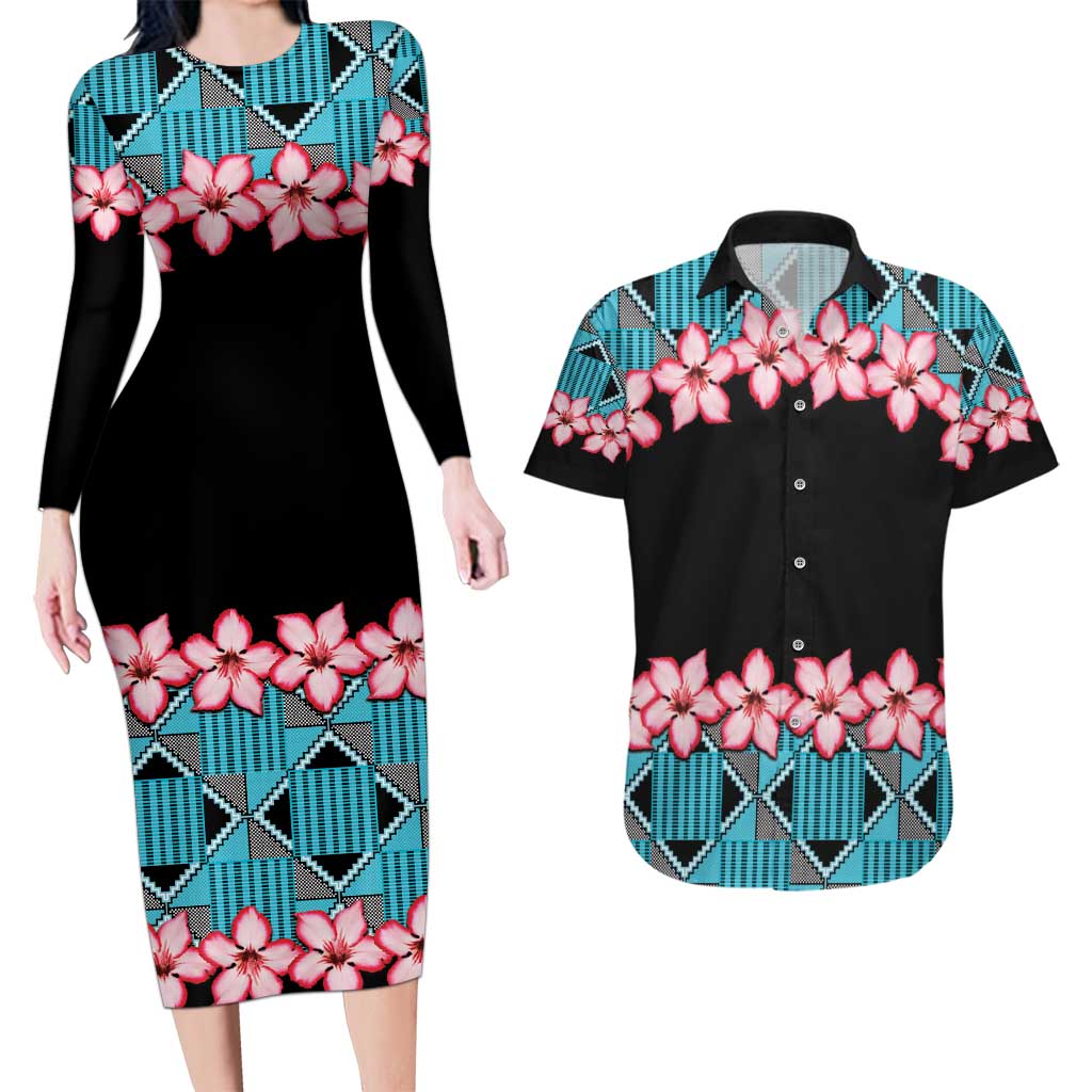 African Adenium Multiflorum Flowers Couples Matching Long Sleeve Bodycon Dress and Hawaiian Shirt with Kente Style LT9 - Wonder Print Shop