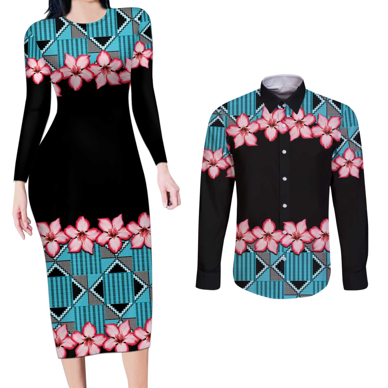 African Adenium Multiflorum Flowers Couples Matching Long Sleeve Bodycon Dress and Long Sleeve Button Shirt with Kente Style LT9 - Wonder Print Shop