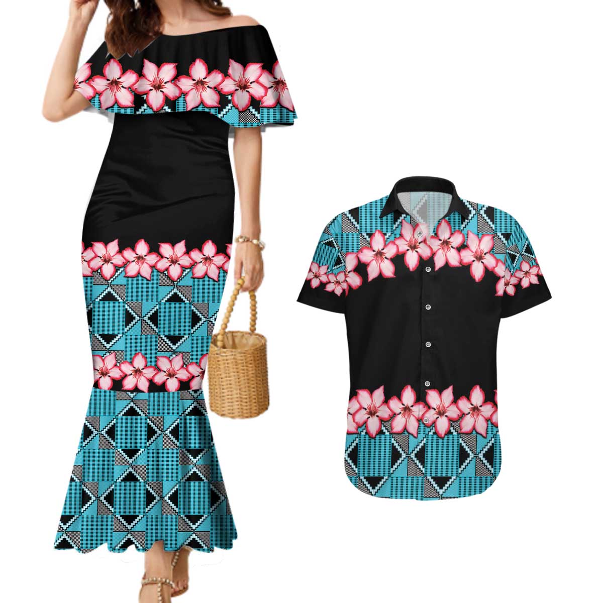 African Adenium Multiflorum Flowers Couples Matching Mermaid Dress and Hawaiian Shirt with Kente Style LT9 - Wonder Print Shop
