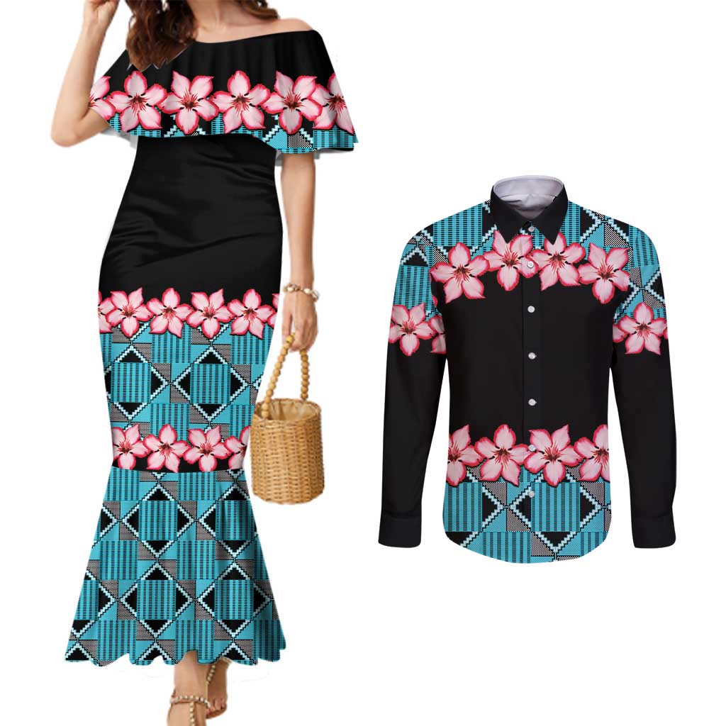 African Adenium Multiflorum Flowers Couples Matching Mermaid Dress and Long Sleeve Button Shirt with Kente Style