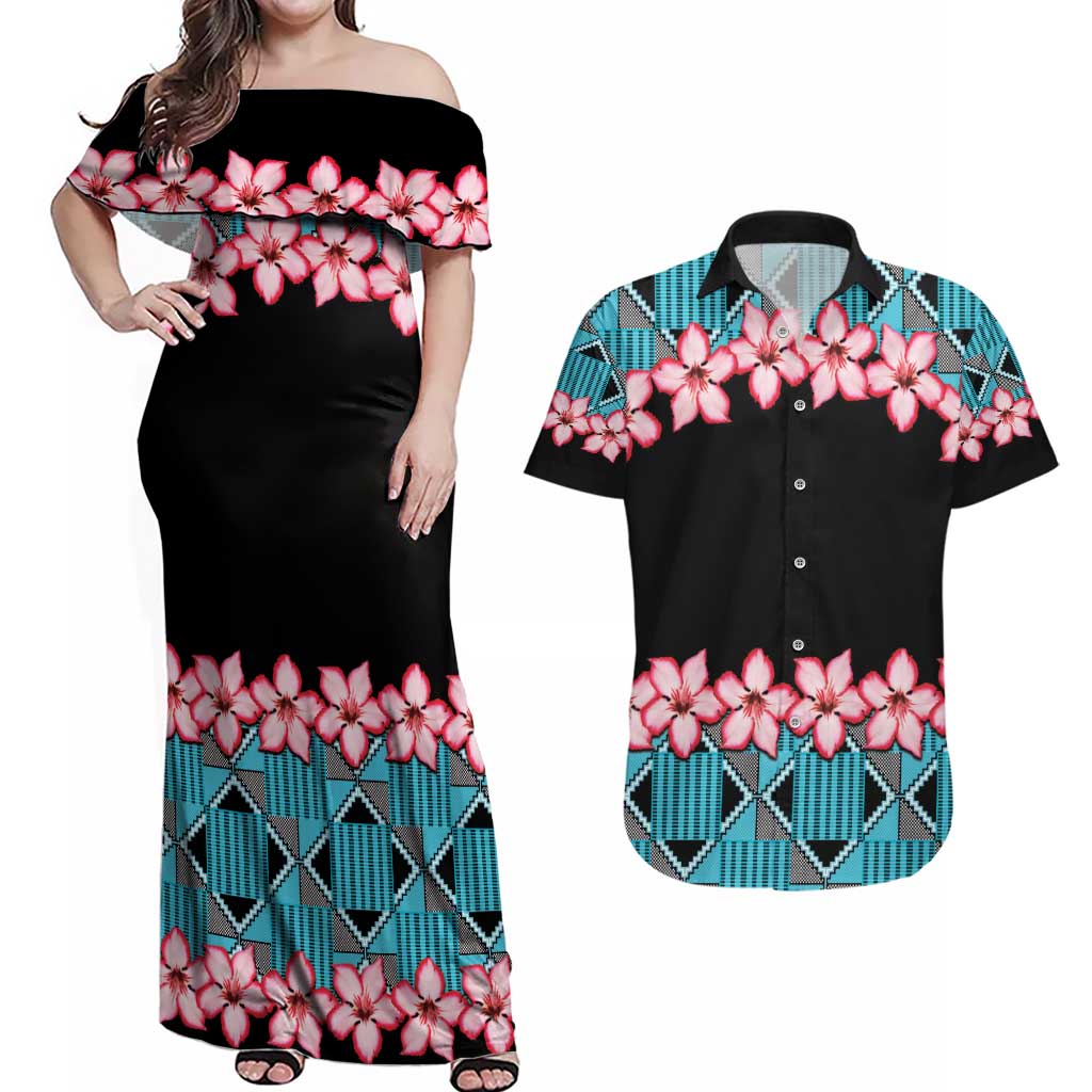 African Adenium Multiflorum Flowers Couples Matching Off Shoulder Maxi Dress and Hawaiian Shirt with Kente Style LT9 - Wonder Print Shop