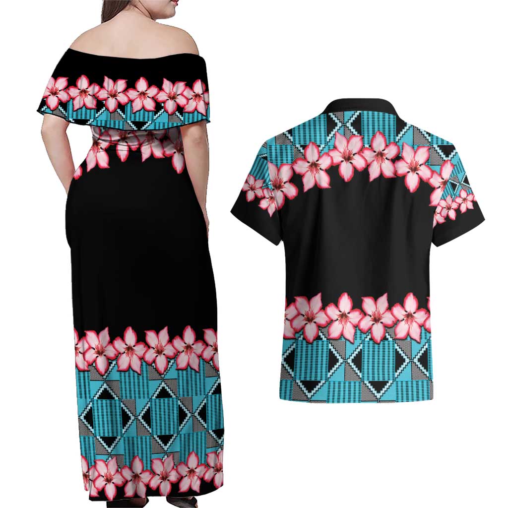 African Adenium Multiflorum Flowers Couples Matching Off Shoulder Maxi Dress and Hawaiian Shirt with Kente Style LT9 - Wonder Print Shop
