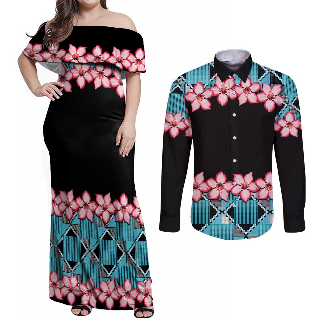African Adenium Multiflorum Flowers Couples Matching Off Shoulder Maxi Dress and Long Sleeve Button Shirt with Kente Style LT9 - Wonder Print Shop