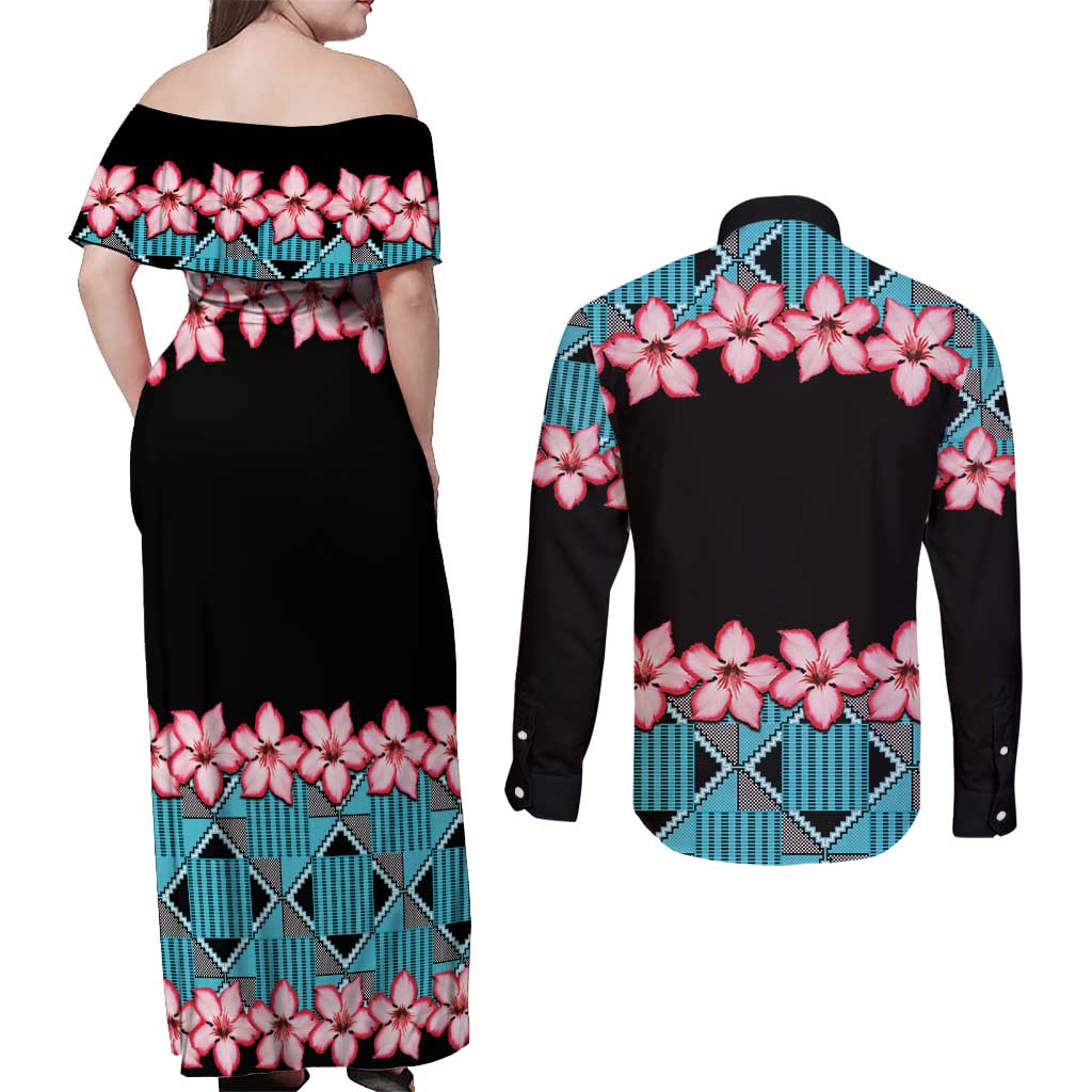 African Adenium Multiflorum Flowers Couples Matching Off Shoulder Maxi Dress and Long Sleeve Button Shirt with Kente Style LT9 - Wonder Print Shop