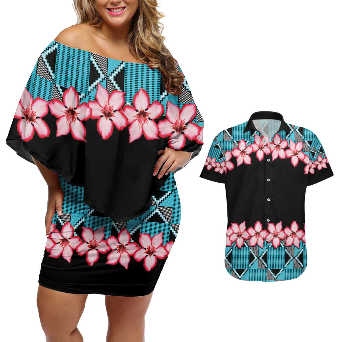 African Adenium Multiflorum Flowers Couples Matching Off Shoulder Short Dress and Hawaiian Shirt with Kente Style LT9 - Wonder Print Shop