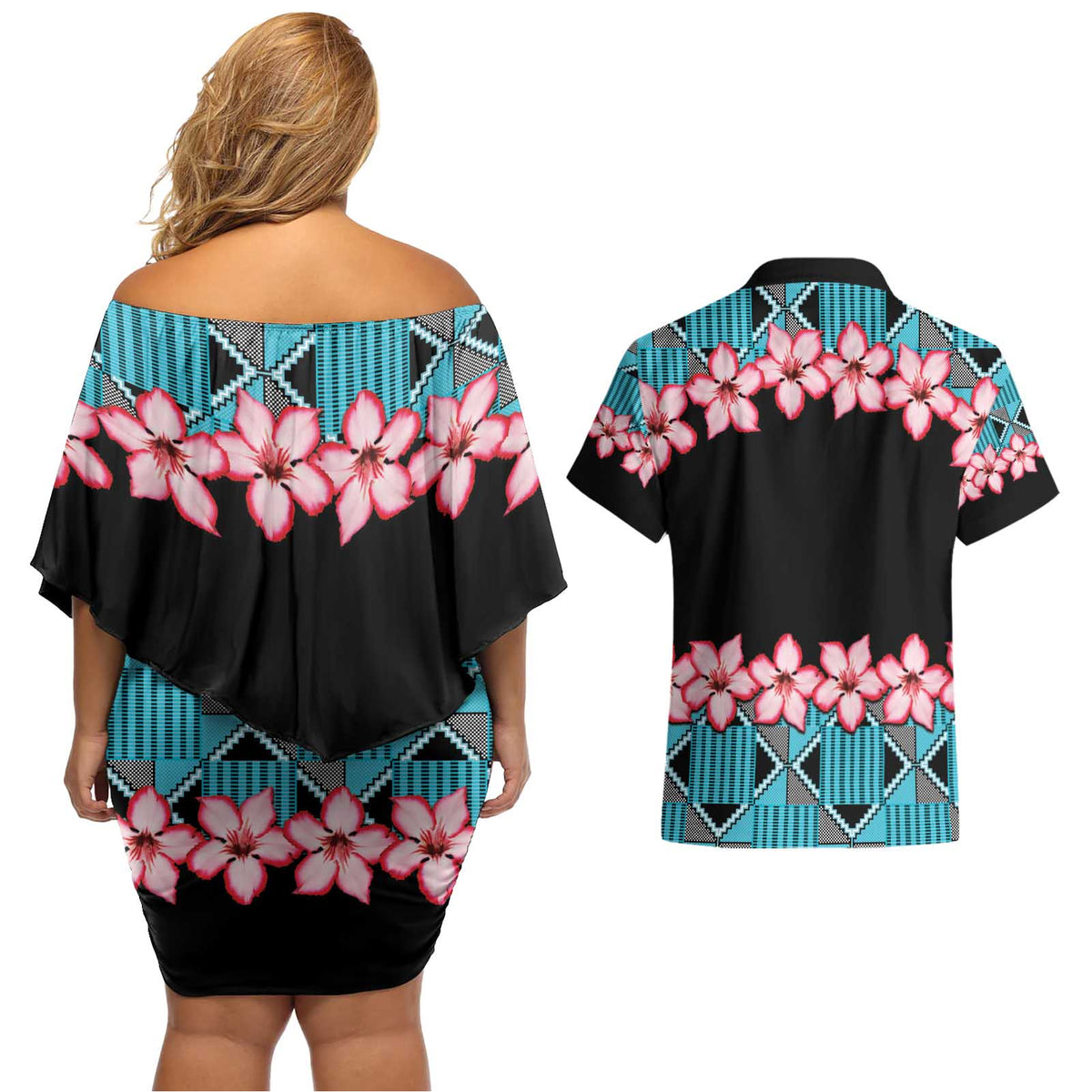African Adenium Multiflorum Flowers Couples Matching Off Shoulder Short Dress and Hawaiian Shirt with Kente Style LT9 - Wonder Print Shop