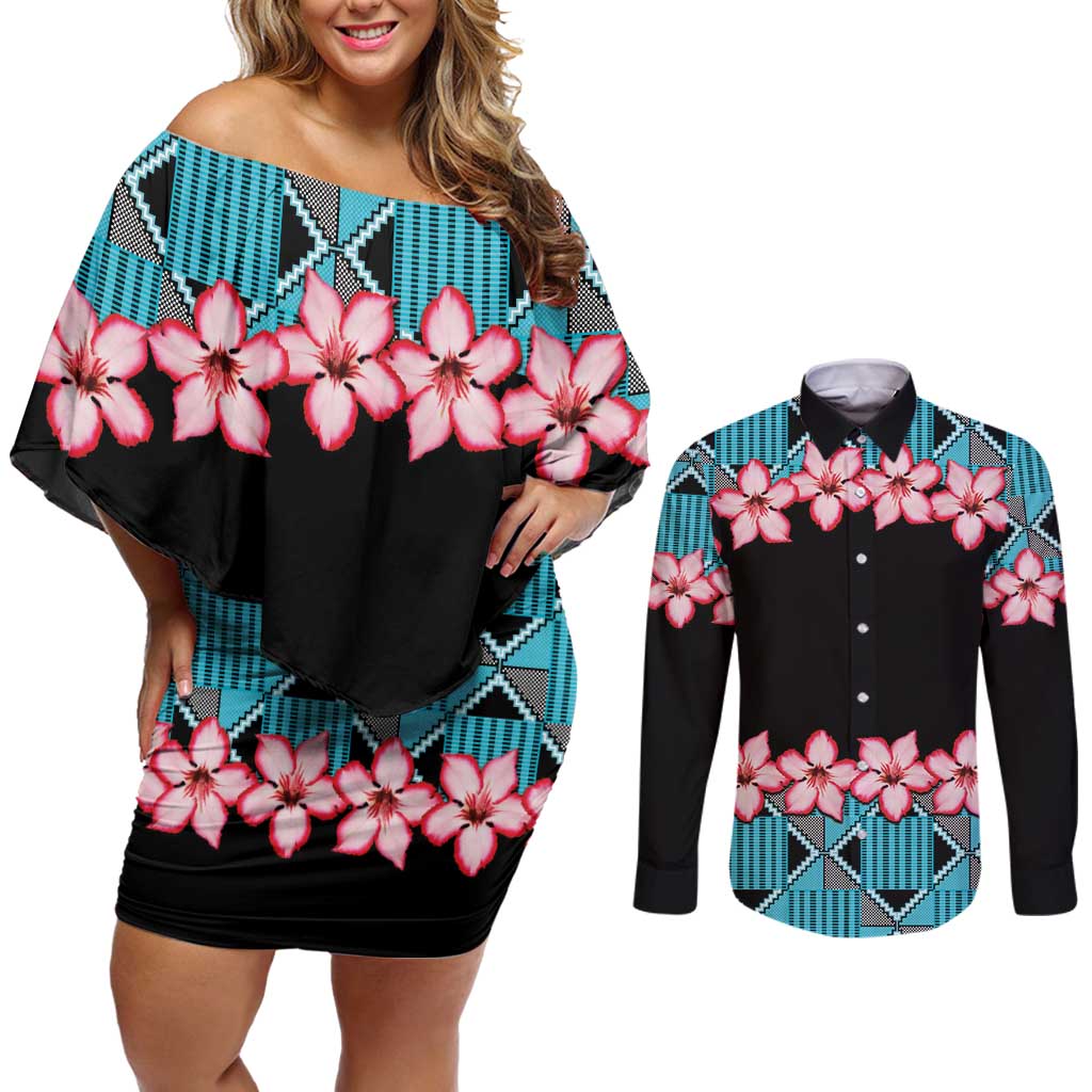 African Adenium Multiflorum Flowers Couples Matching Off Shoulder Short Dress and Long Sleeve Button Shirt with Kente Style LT9 - Wonder Print Shop