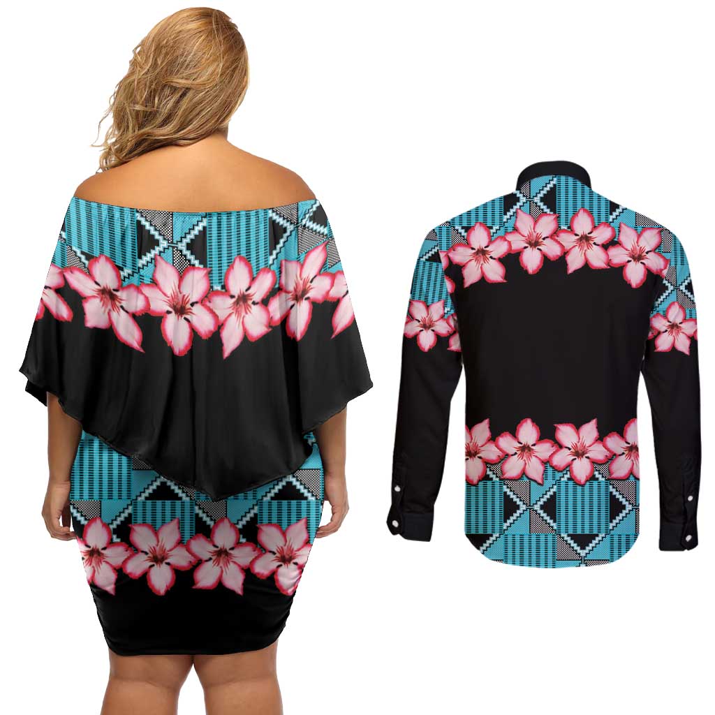 African Adenium Multiflorum Flowers Couples Matching Off Shoulder Short Dress and Long Sleeve Button Shirt with Kente Style LT9 - Wonder Print Shop