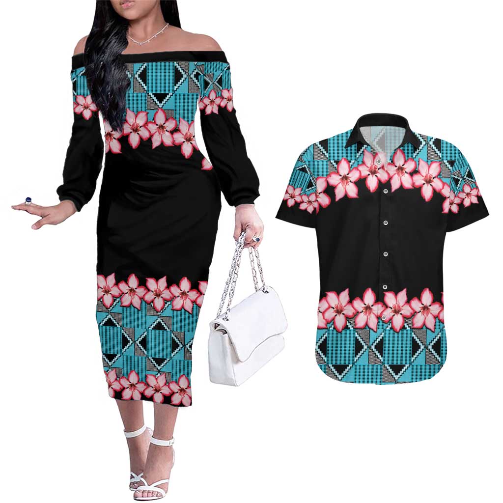 African Adenium Multiflorum Flowers Couples Matching Off The Shoulder Long Sleeve Dress and Hawaiian Shirt with Kente Style LT9 - Wonder Print Shop
