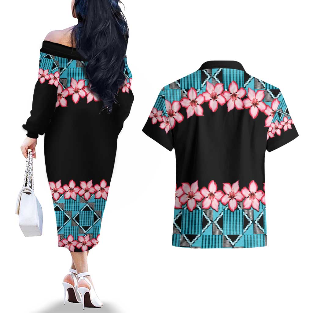 African Adenium Multiflorum Flowers Couples Matching Off The Shoulder Long Sleeve Dress and Hawaiian Shirt with Kente Style LT9 - Wonder Print Shop