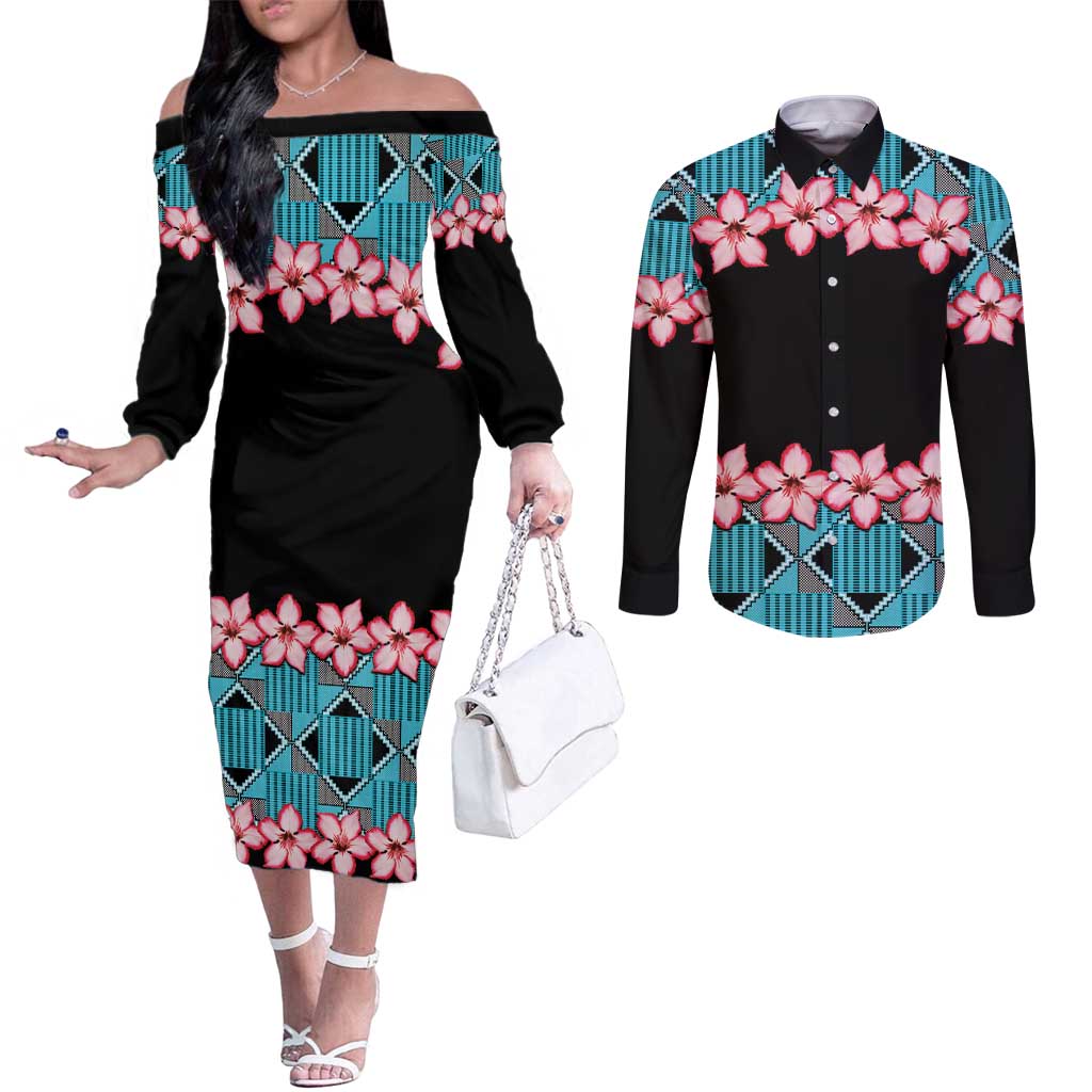 African Adenium Multiflorum Flowers Couples Matching Off The Shoulder Long Sleeve Dress and Long Sleeve Button Shirt with Kente Style