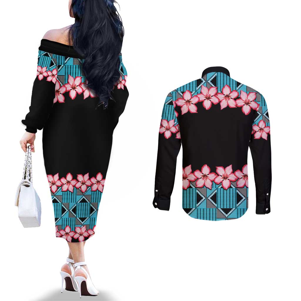 African Adenium Multiflorum Flowers Couples Matching Off The Shoulder Long Sleeve Dress and Long Sleeve Button Shirt with Kente Style
