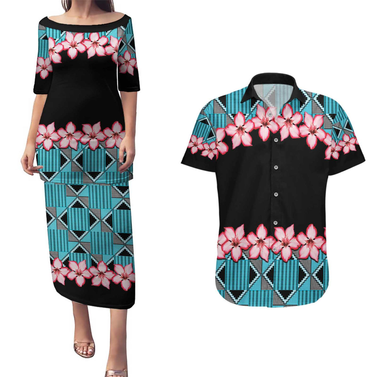 African Adenium Multiflorum Flowers Couples Matching Puletasi and Hawaiian Shirt with Kente Style LT9 - Wonder Print Shop