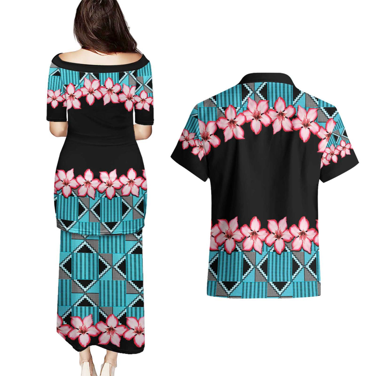 African Adenium Multiflorum Flowers Couples Matching Puletasi and Hawaiian Shirt with Kente Style LT9 - Wonder Print Shop