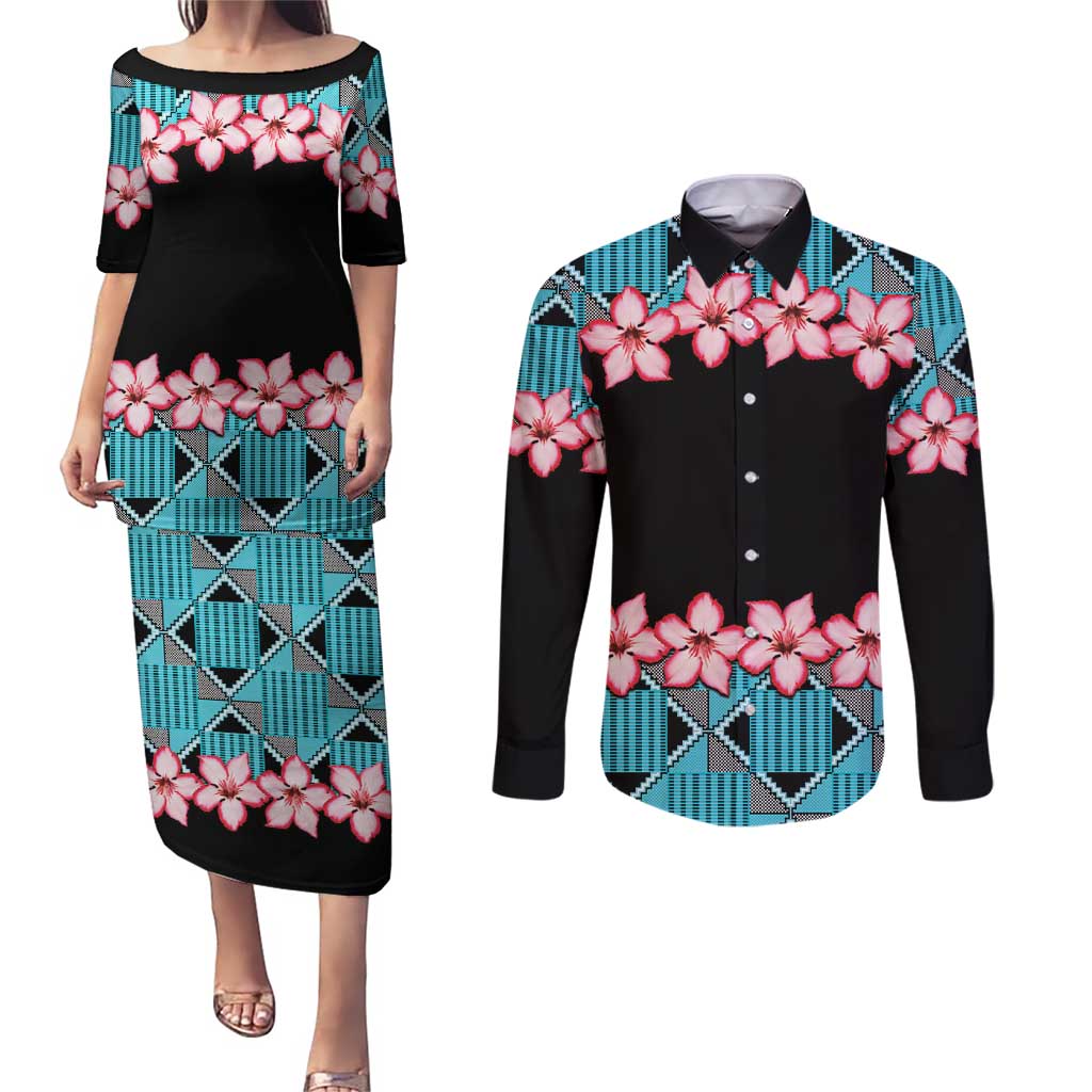African Adenium Multiflorum Flowers Couples Matching Puletasi and Long Sleeve Button Shirt with Kente Style LT9 - Wonder Print Shop