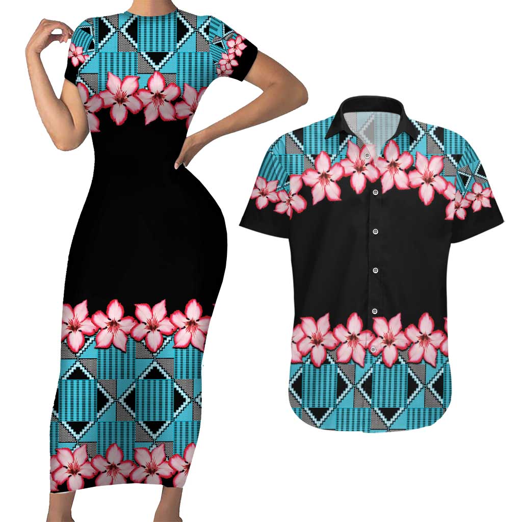 African Adenium Multiflorum Flowers Couples Matching Short Sleeve Bodycon Dress and Hawaiian Shirt with Kente Style LT9 - Wonder Print Shop